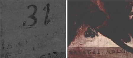 Imagen 3. La firma encontrada en El vino en la fiesta de San Martín (izquierda) junto a la encontrada en Dos monos (1562) atribuida de Pieter Brueghel el Viejo. Fuentes: (Izqda.) Museo del Prado; (Dcha.) Wikimedia Commons.